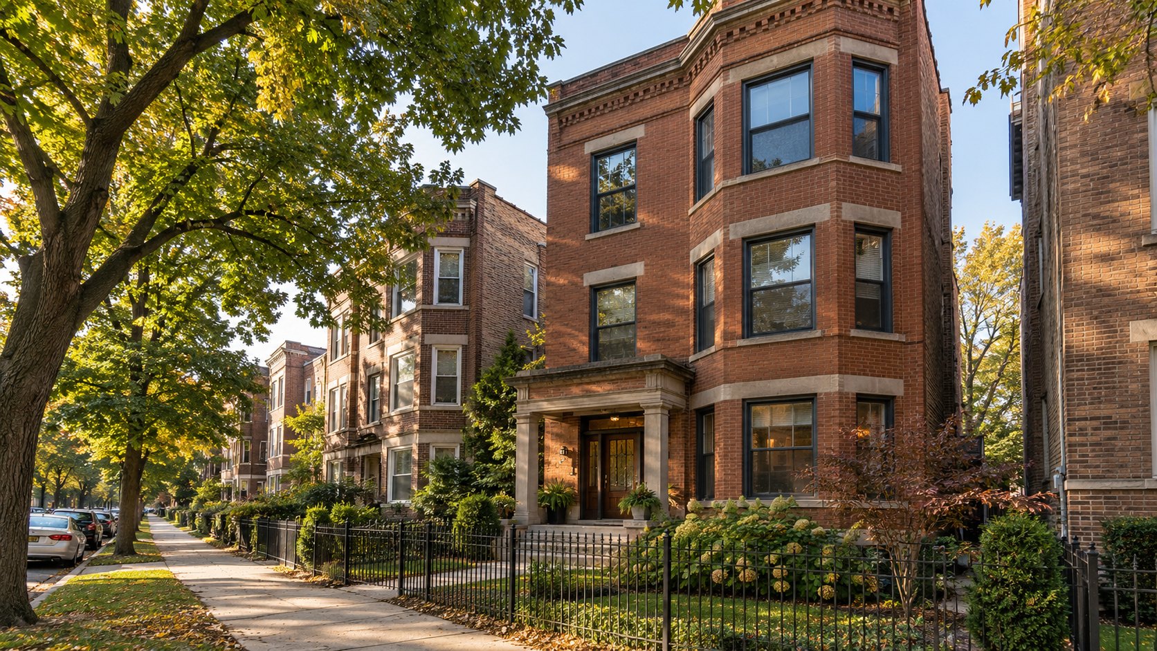 Brick three-flats on a tree-lined street